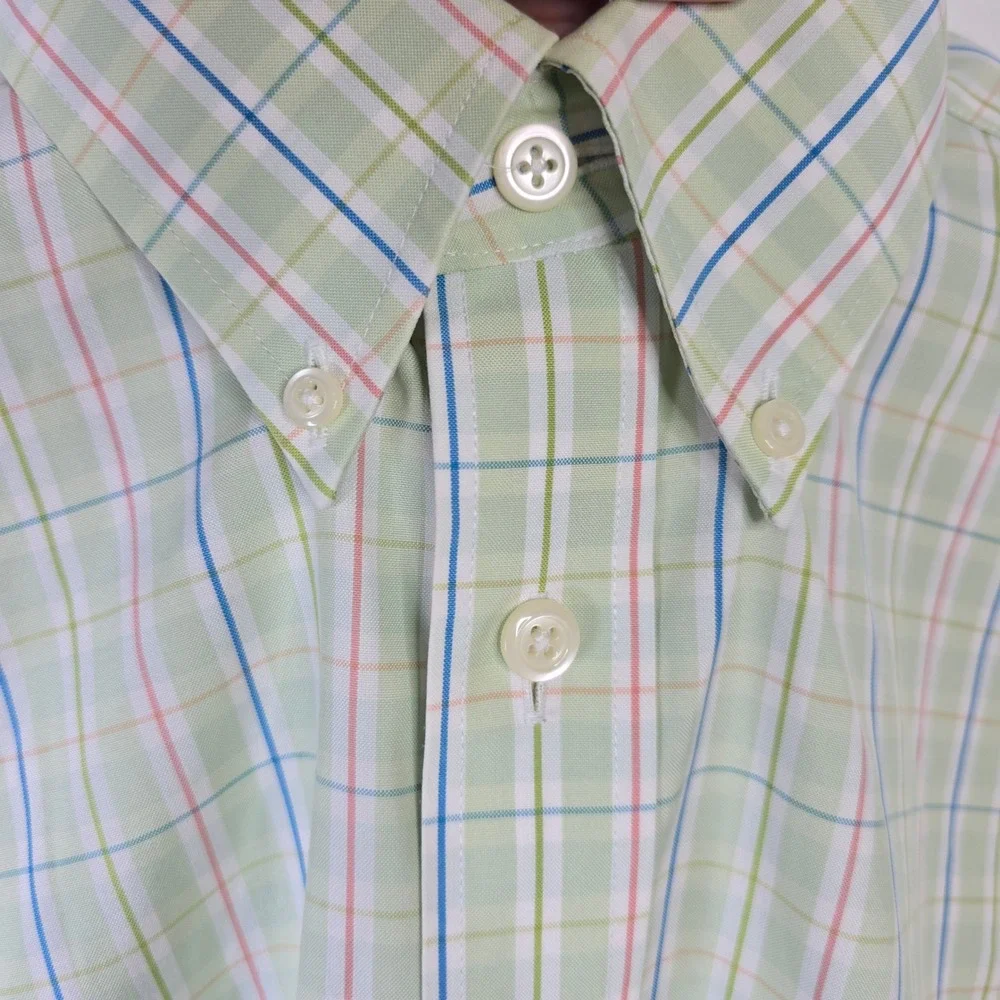 Orvis Mens Short Sleeve‎ Plaid Button Down Shirt Size L Green Pink Blue Check